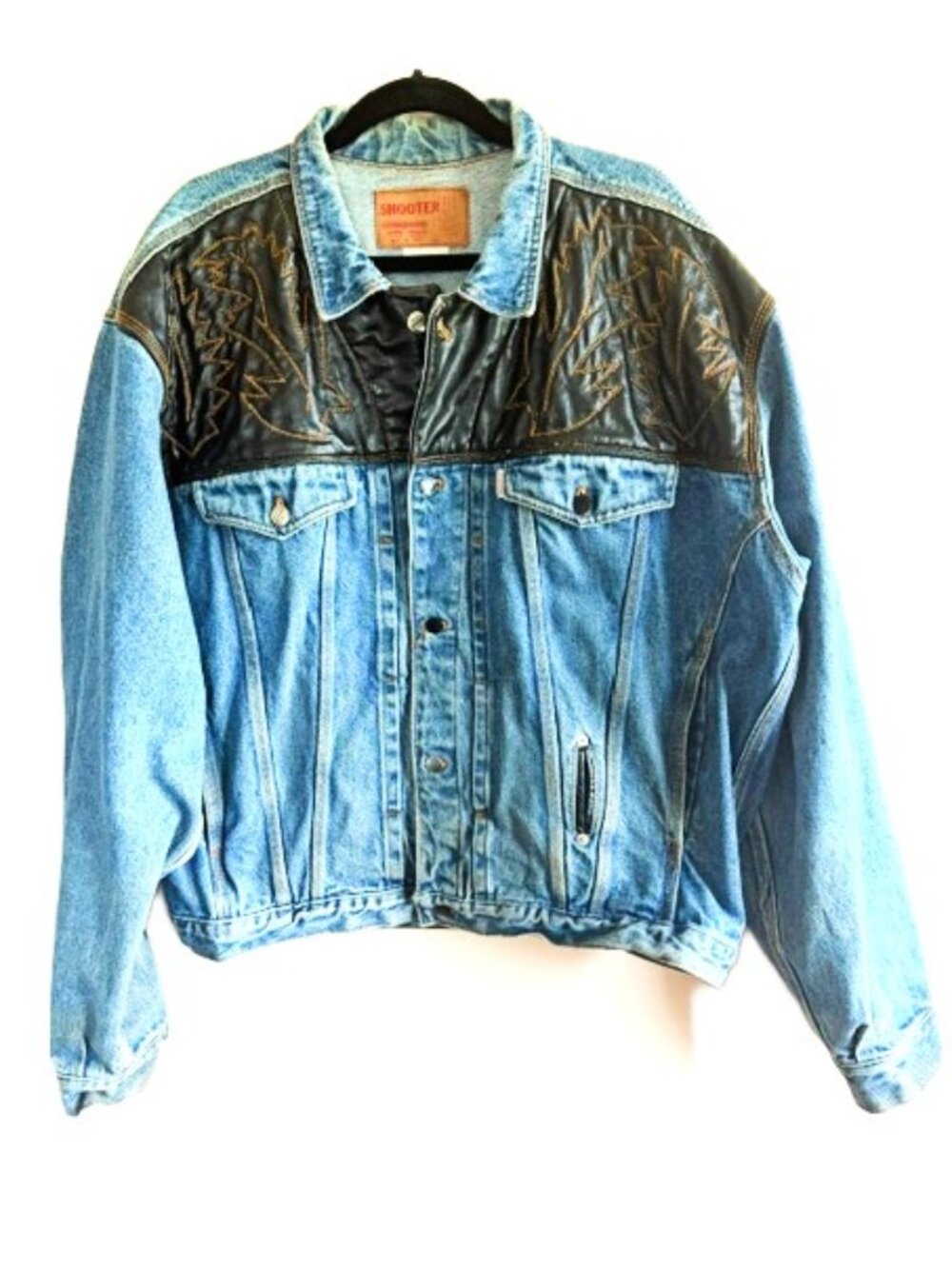 Shooter Men’s XL Denim Jacket Leather Look Western Yoke Vintage Jean Jacket